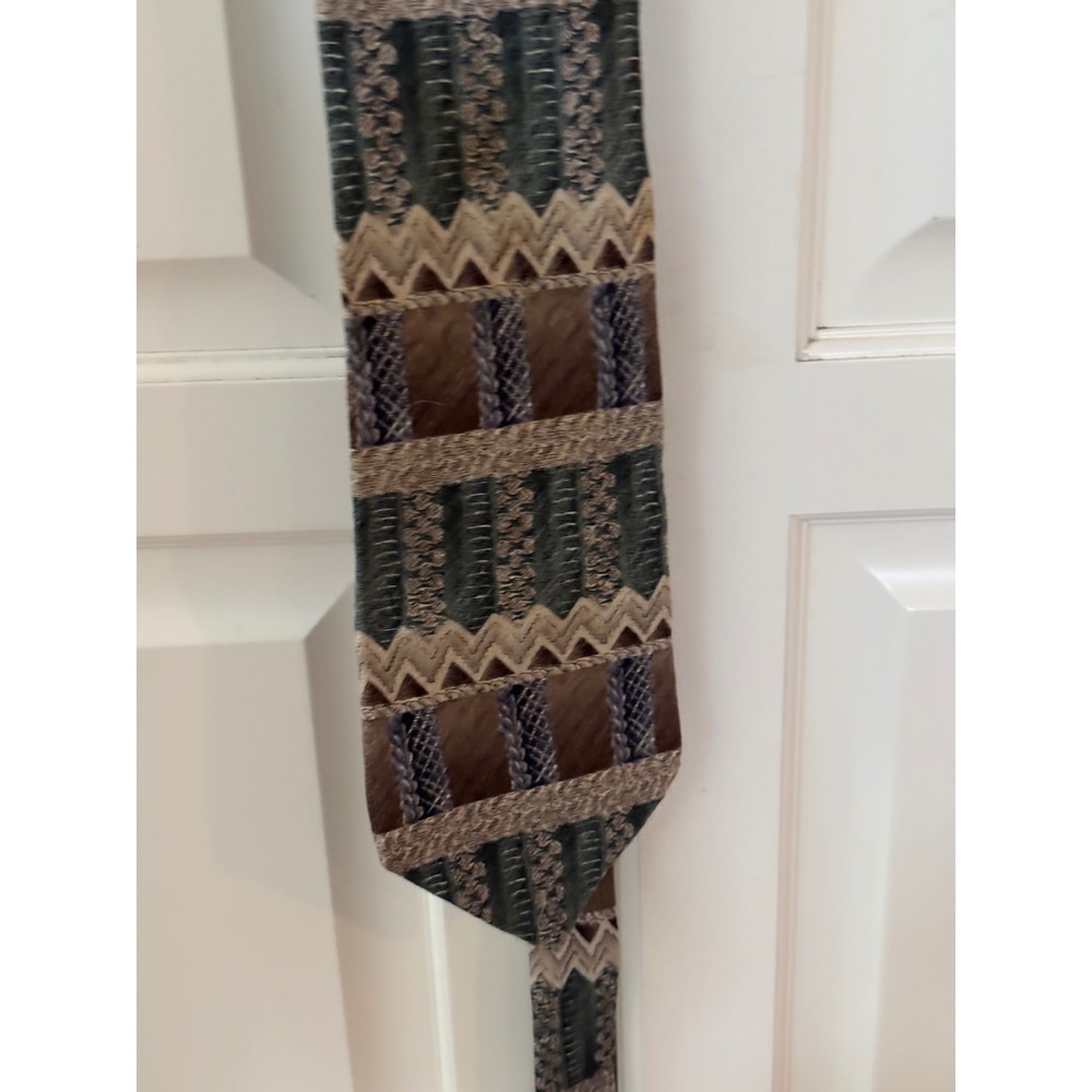Pierre Cardin Mens Silk Extra Long Necktie Geometric Pattern Brown Green
